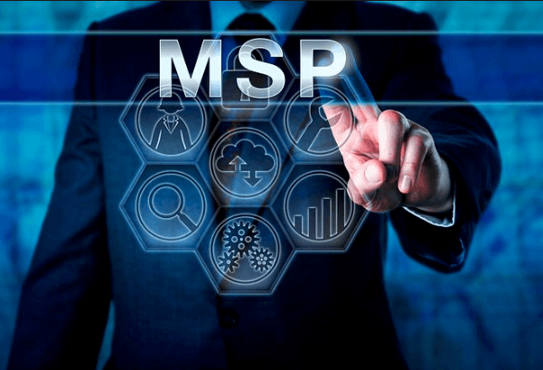 Person in a business suit clicking on the word MSP from a screen.