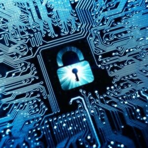 Graphic done in blues and blacks that shows a lock in the middle of a computer circuit board.