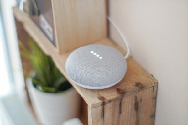 Round Google Home Alexa speaker on a wooden bookshelf