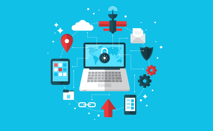 2017-01-12-data-protection Graphic with a sky blue background showing a laptop surrounded by other technology, including a cell phone, a map marker, a satellite, the cloud, a printer, and other icons.