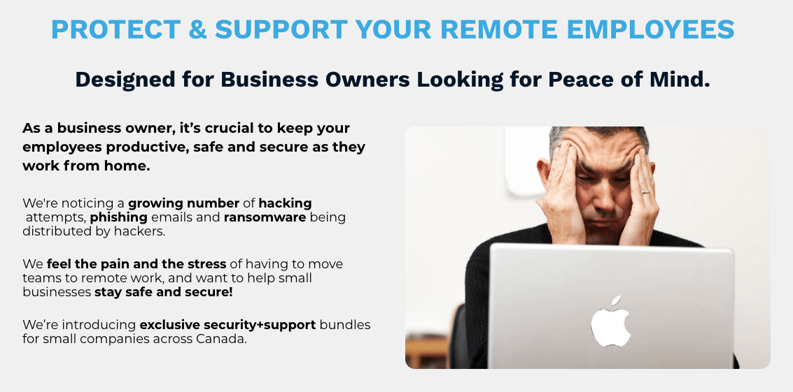 Protect and Support your Remote Employees - shows a frustrated man sitting in front of his Apple laptop.