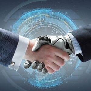 A closeup photo of a caucasian person's arm in a business suit shaking hands with a robot in a business suit