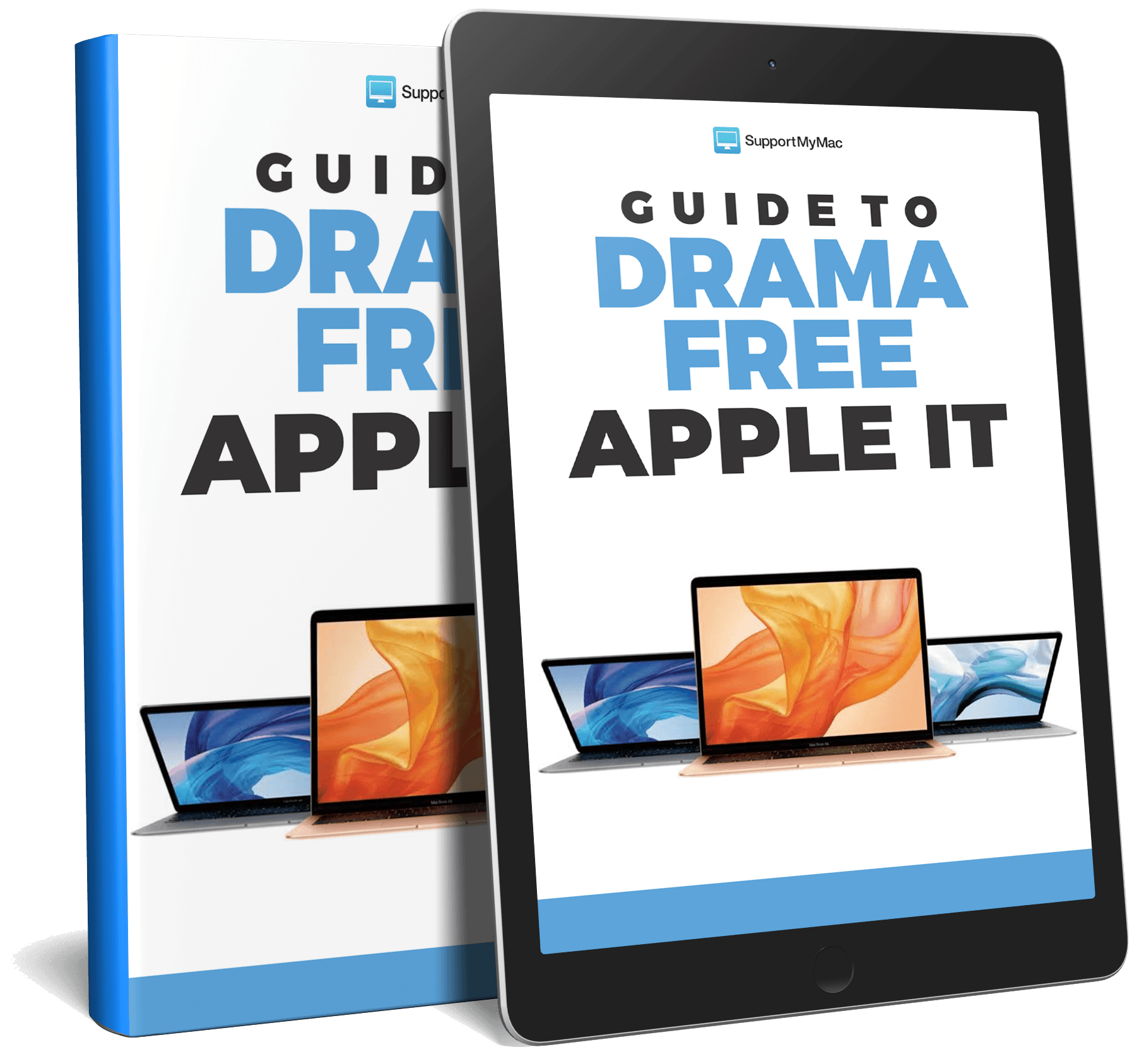 A book and an iPad showing the Guide to Drama Free Apple IT