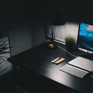 Laptop on a desk in a home office