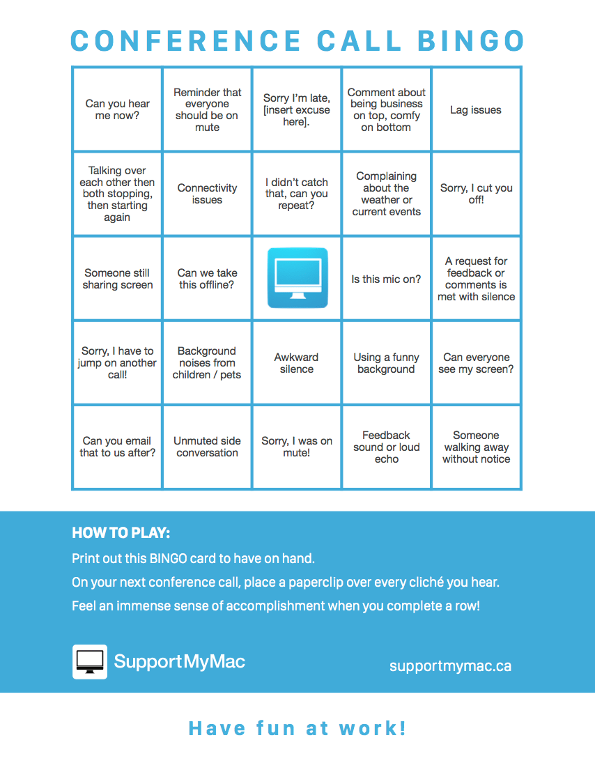 SupportMyMac Zoom Conference Call Bingo Card SupportMyMac Zoom Conference Call Bingo Card