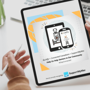 Close up of an iPad showing graphics of Connected Canadians Ruckify and SupportMyMac working together