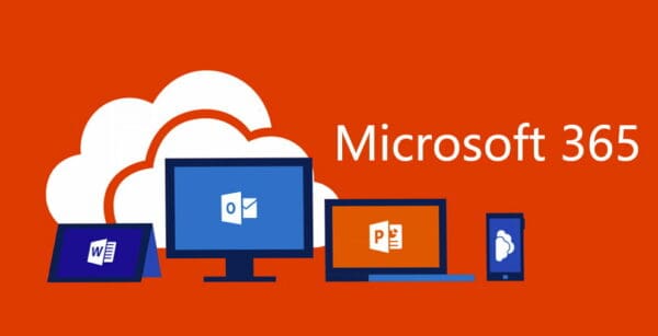 Microsoft 365 promotional graphic showing the cloud, a desktop, a laptop and a mobile phone
