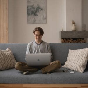 Young man sitting cross-legged on a living room couch, working on his laptop